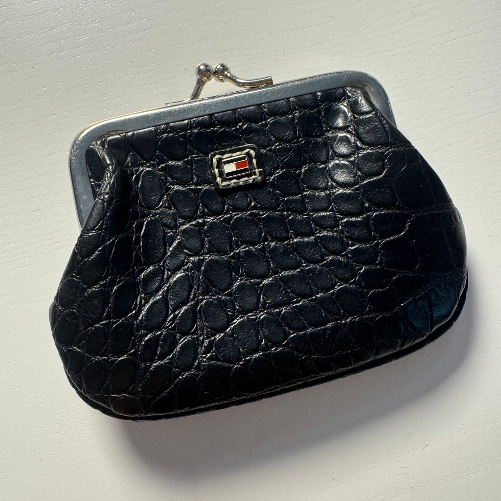 Tommy‎ Hilfiger Black Croc Embossed Kiss Lock Coin Purse Preppy Old Money chic